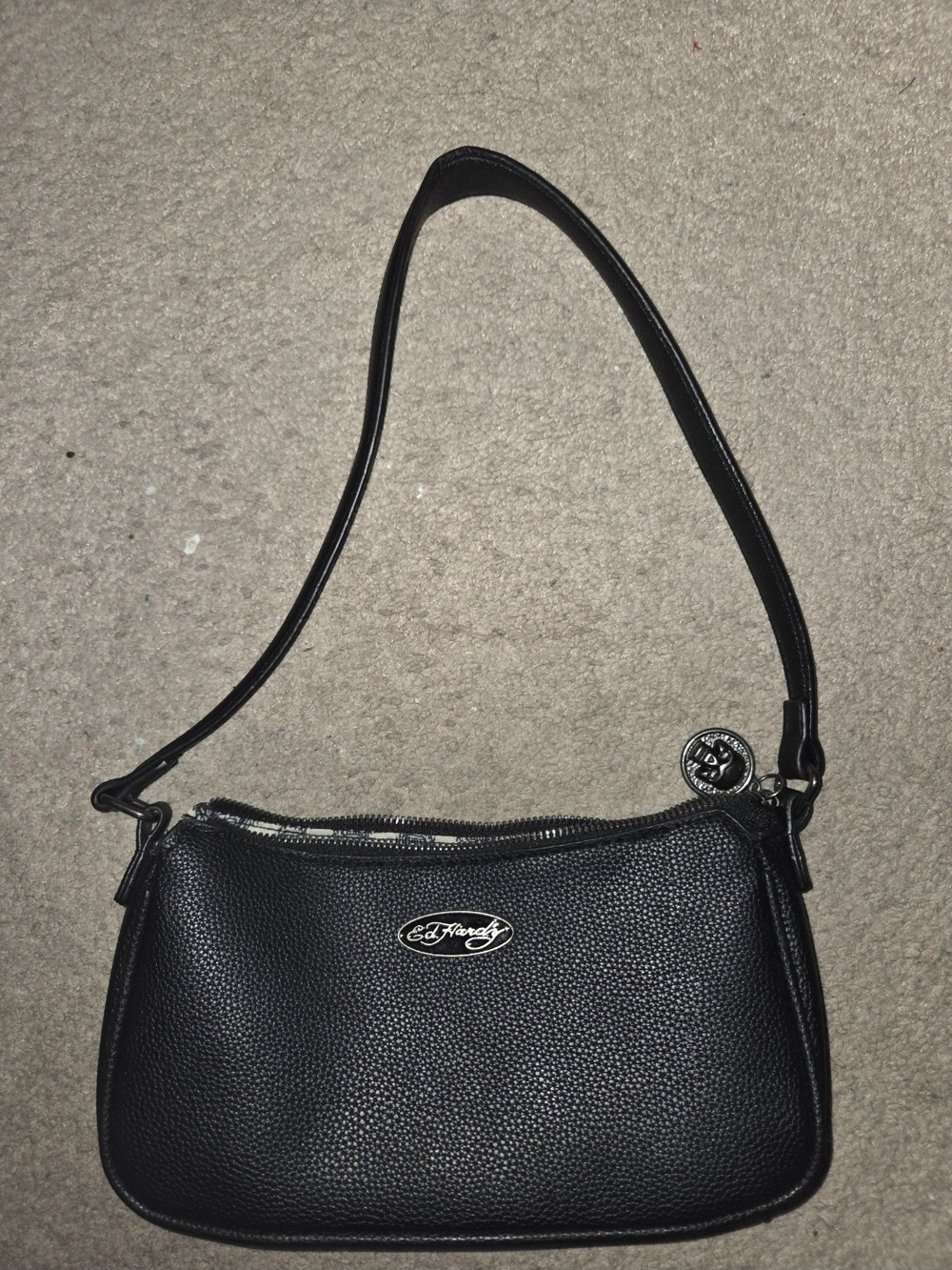 Ed Hardy Black Pebbled Leatherette Shoulder Bag with Logo Charm